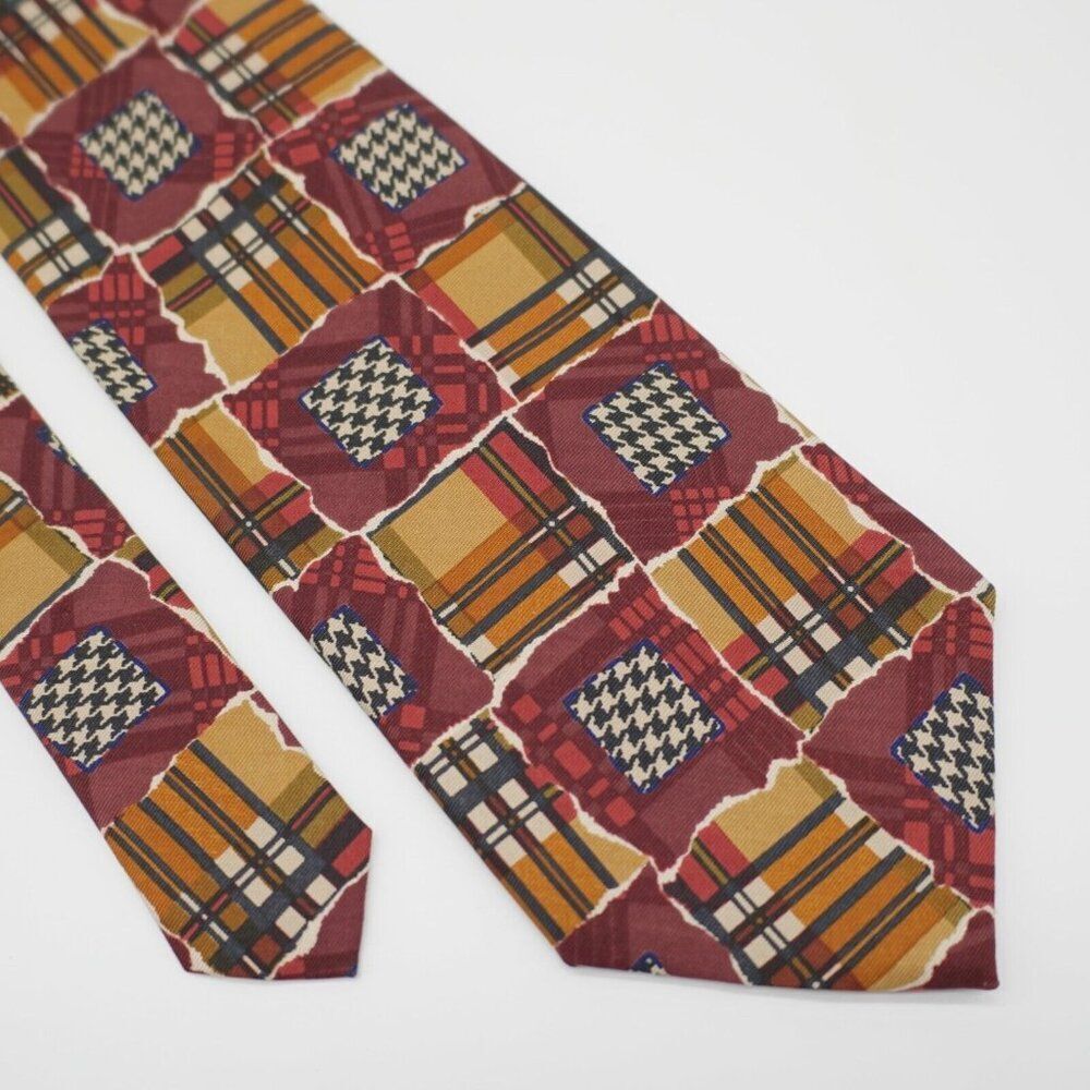 Perry Ellis Handmade‎ Red Yellow Patchwork Plaid Wide Print Silk Tie